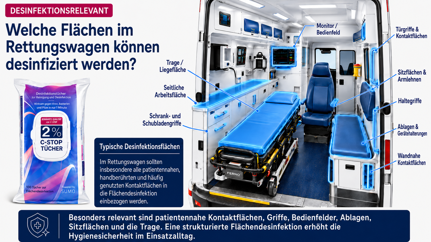 Infografik: Desinfektionsrelevante Flächen im Rettungswagen